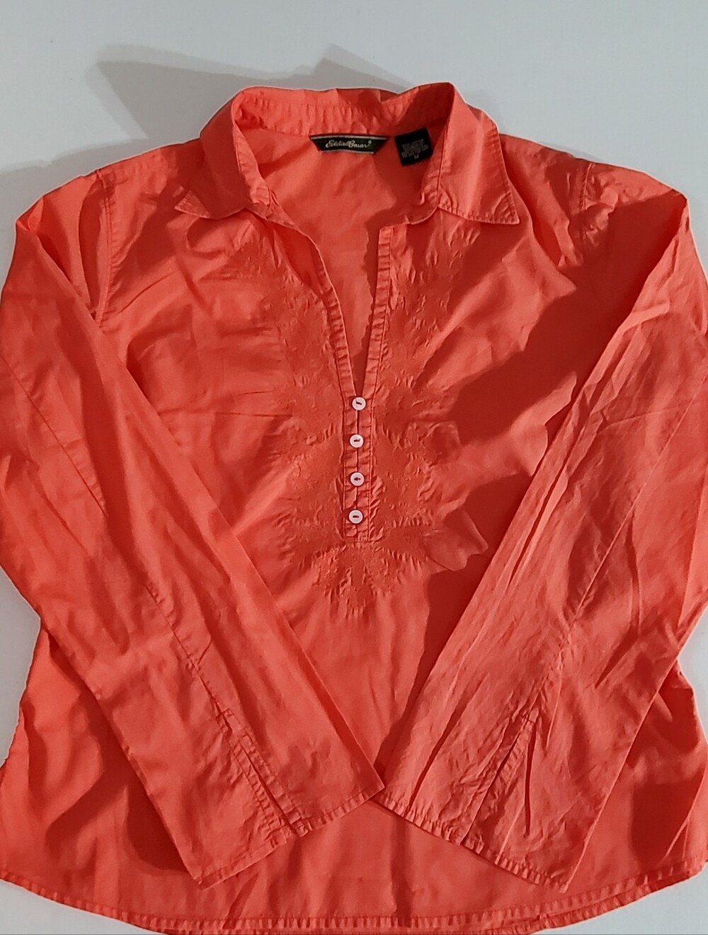 Eddie Bauer Med Coral Long-Sleeve Popover Blouse Embroidery Details